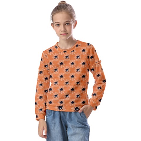 Halloween Black Orange Spiders Kids  Long Sleeve Tee With Frill  by ConteMonfrey