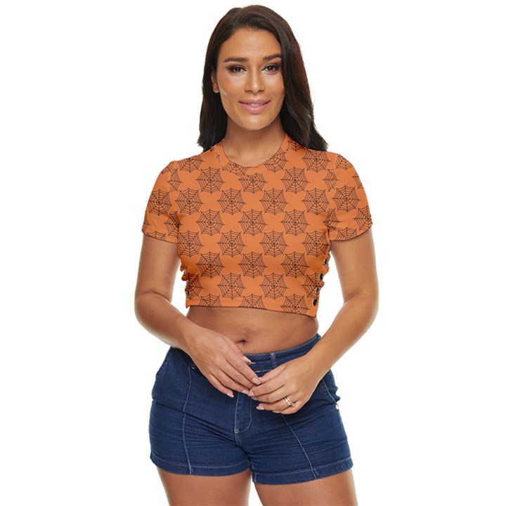 Halloween Black Orange Spider Web   Side Button Cropped Tee