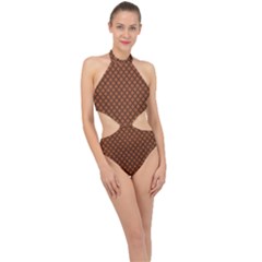 Halloween Palette Plaids Orange, Black Geometric  Halter Side Cut Swimsuit