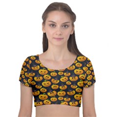 Jack O Lantern  Velvet Short Sleeve Crop Top  by ConteMonfrey