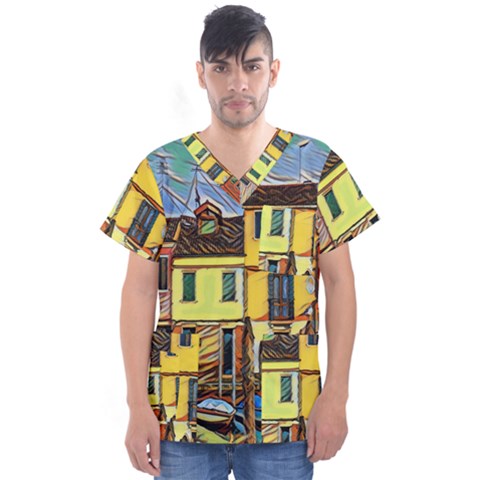 Colorful Venice Homes Men s V-neck Scrub Top by ConteMonfrey