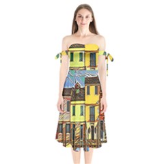 Colorful Venice Homes Shoulder Tie Bardot Midi Dress by ConteMonfrey