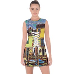 Colorful Venice Homes Lace Up Front Bodycon Dress by ConteMonfrey