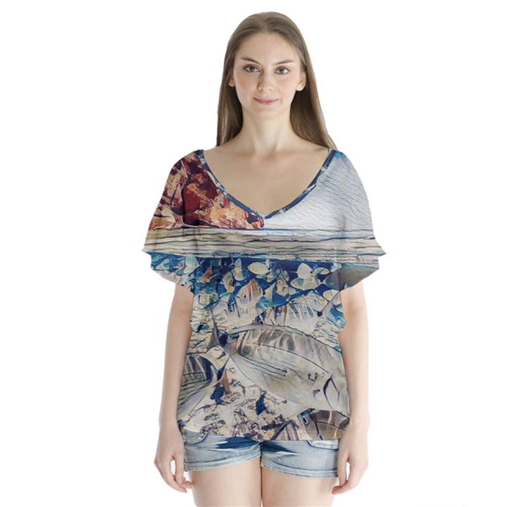 Fishes In Lake Garda V-Neck Flutter Sleeve Top