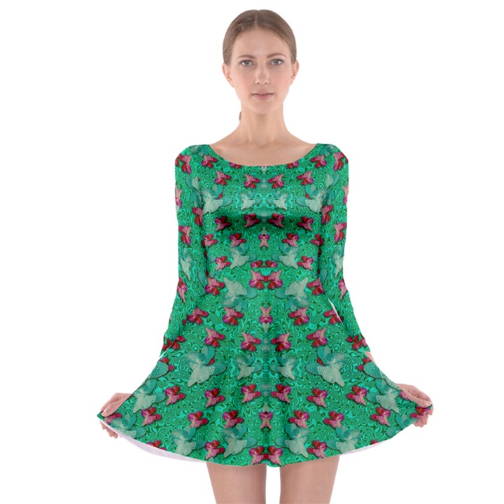 Beautiful Tropical Orchids Blooming Over Earth In Peace Long Sleeve Skater Dress