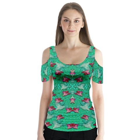 Beautiful Tropical Orchids Blooming Over Earth In Peace Butterfly Sleeve Cutout Tee  by pepitasart