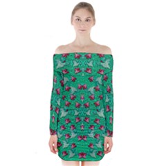 Beautiful Tropical Orchids Blooming Over Earth In Peace Long Sleeve Off Shoulder Dress by pepitasart