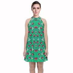 Beautiful Tropical Orchids Blooming Over Earth In Peace Velvet Halter Neckline Dress  by pepitasart