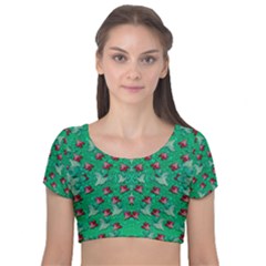 Beautiful Tropical Orchids Blooming Over Earth In Peace Velvet Short Sleeve Crop Top  by pepitasart