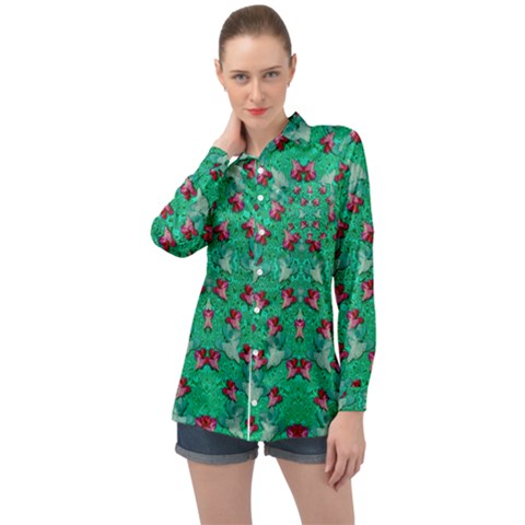 Beautiful Tropical Orchids Blooming Over Earth In Peace Long Sleeve Satin Shirt by pepitasart