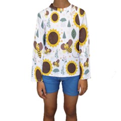 Nature Honeybee Sunflower Leaves Leaf Seamless Background Kids  Long Sleeve Swimwear