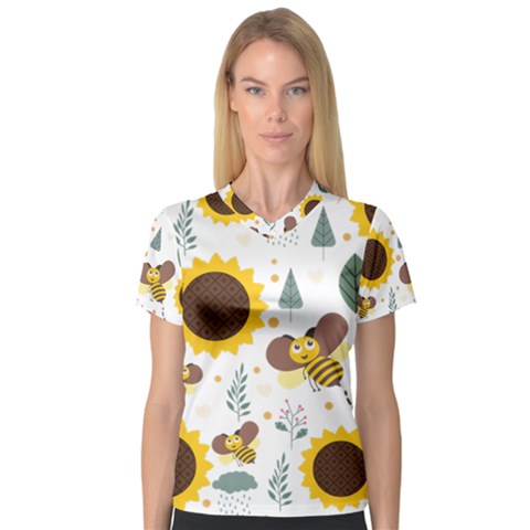 Nature Honeybee Sunflower Leaves Leaf Seamless Background V-neck Sport Mesh Tee by Jancukart