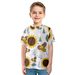 Nature Honeybee Sunflower Leaves Leaf Seamless Background Kids  Sport Mesh Tee