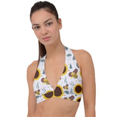 Nature Honeybee Sunflower Leaves Leaf Seamless Background Halter Plunge Bikini Top