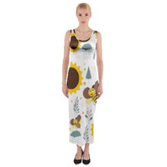 Nature Honeybee Sunflower Leaves Leaf Seamless Background Fitted Maxi Dress