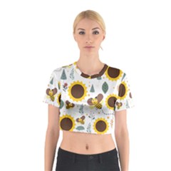 Nature Honeybee Sunflower Leaves Leaf Seamless Background Cotton Crop Top