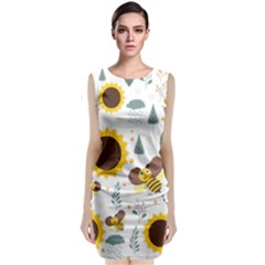 Nature Honeybee Sunflower Leaves Leaf Seamless Background Classic Sleeveless Midi Dress