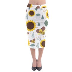 Nature Honeybee Sunflower Leaves Leaf Seamless Background Midi Pencil Skirt