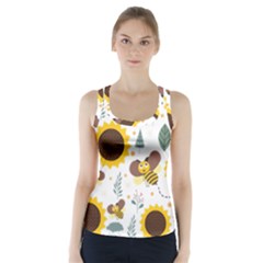 Nature Honeybee Sunflower Leaves Leaf Seamless Background Racer Back Sports Top