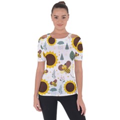 Nature Honeybee Sunflower Leaves Leaf Seamless Background Shoulder Cut Out Short Sleeve Top