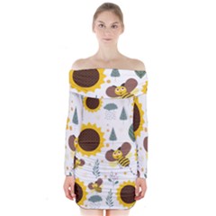 Nature Honeybee Sunflower Leaves Leaf Seamless Background Long Sleeve Off Shoulder Dress