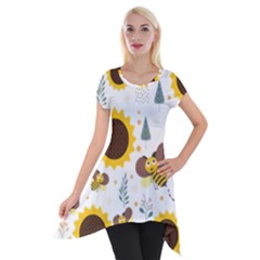 Nature Honeybee Sunflower Leaves Leaf Seamless Background Short Sleeve Side Drop Tunic