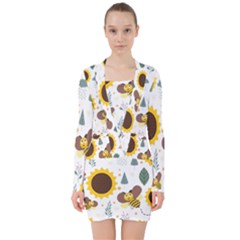 Nature Honeybee Sunflower Leaves Leaf Seamless Background V-neck Bodycon Long Sleeve Dress