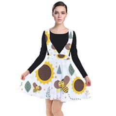 Nature Honeybee Sunflower Leaves Leaf Seamless Background Plunge Pinafore Dress by Jancukart