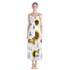 Nature Honeybee Sunflower Leaves Leaf Seamless Background Button Up Chiffon Maxi Dress