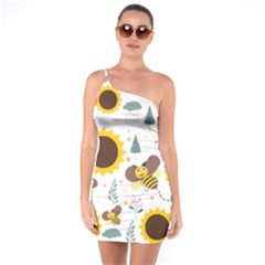 Nature Honeybee Sunflower Leaves Leaf Seamless Background One Soulder Bodycon Dress by Jancukart