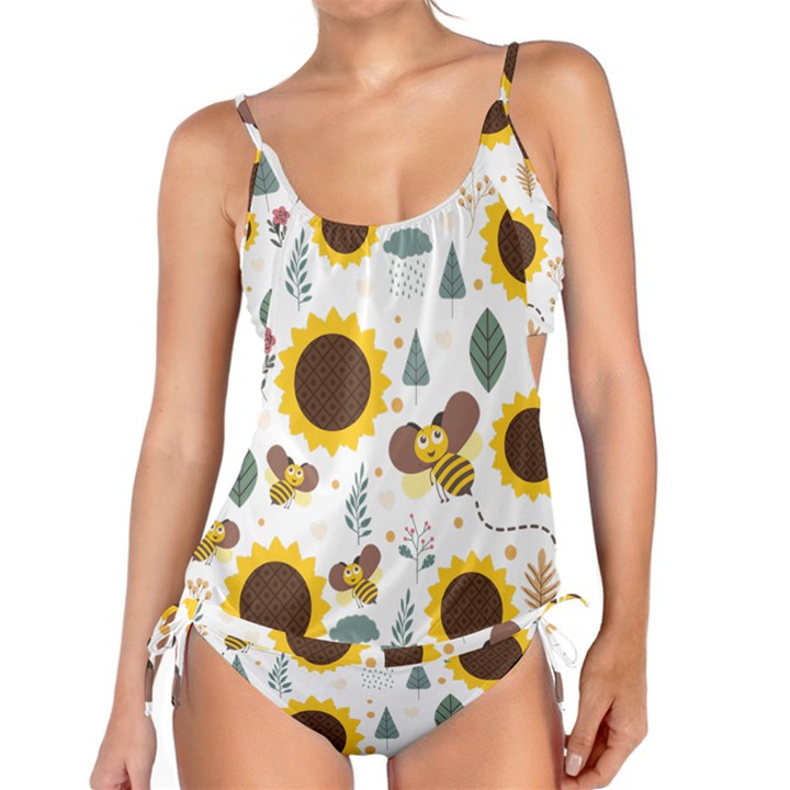 Nature Honeybee Sunflower Leaves Leaf Seamless Background Tankini Set