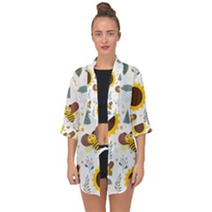 Nature Honeybee Sunflower Leaves Leaf Seamless Background Open Front Chiffon Kimono