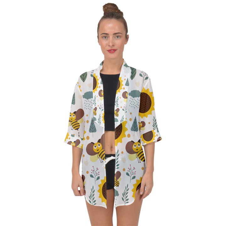 Nature Honeybee Sunflower Leaves Leaf Seamless Background Open Front Chiffon Kimono