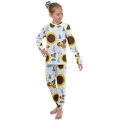 Nature Honeybee Sunflower Leaves Leaf Seamless Background Kids  Long Sleeve Set 