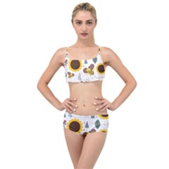 Nature Honeybee Sunflower Leaves Leaf Seamless Background Layered Top Bikini Set