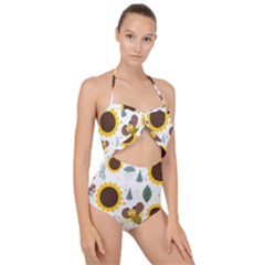 Nature Honeybee Sunflower Leaves Leaf Seamless Background Scallop Top Cut Out Swimsuit