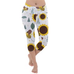 Nature Honeybee Sunflower Leaves Leaf Seamless Background Lightweight Velour Capri Yoga Leggings