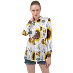 Nature Honeybee Sunflower Leaves Leaf Seamless Background Long Sleeve Satin Shirt