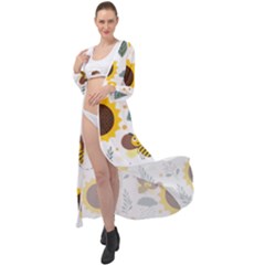 Nature Honeybee Sunflower Leaves Leaf Seamless Background Maxi Chiffon Beach Wrap