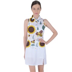 Nature Honeybee Sunflower Leaves Leaf Seamless Background Women s Sleeveless Polo Tee