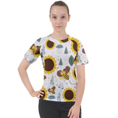 Nature Honeybee Sunflower Leaves Leaf Seamless Background Women s Sport Raglan Tee