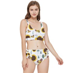 Nature Honeybee Sunflower Leaves Leaf Seamless Background Frilly Bikini Set