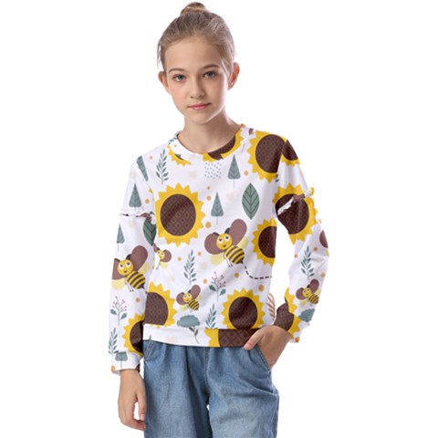 Nature Honeybee Sunflower Leaves Leaf Seamless Background Kids  Long Sleeve Tee With Frill  by Jancukart