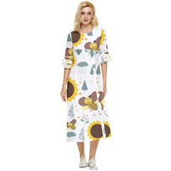 Nature Honeybee Sunflower Leaves Leaf Seamless Background Double Cuff Midi Dress