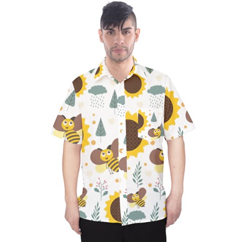 Nature Honeybee Sunflower Leaves Leaf Seamless Background Men s Hawaii Shirt by Jancukart