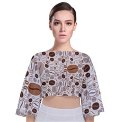 Brown Coffee Beans Pattern Tie Back Butterfly Sleeve Chiffon Top