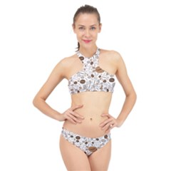 Brown Coffee Beans Pattern High Neck Bikini Set by Jancukart