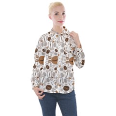 Brown Coffee Beans Pattern Women s Long Sleeve Pocket Shirt