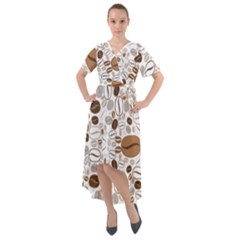 Brown Coffee Beans Pattern Front Wrap High Low Dress