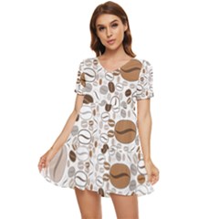 Brown Coffee Beans Pattern Tiered Short Sleeve Babydoll Dress